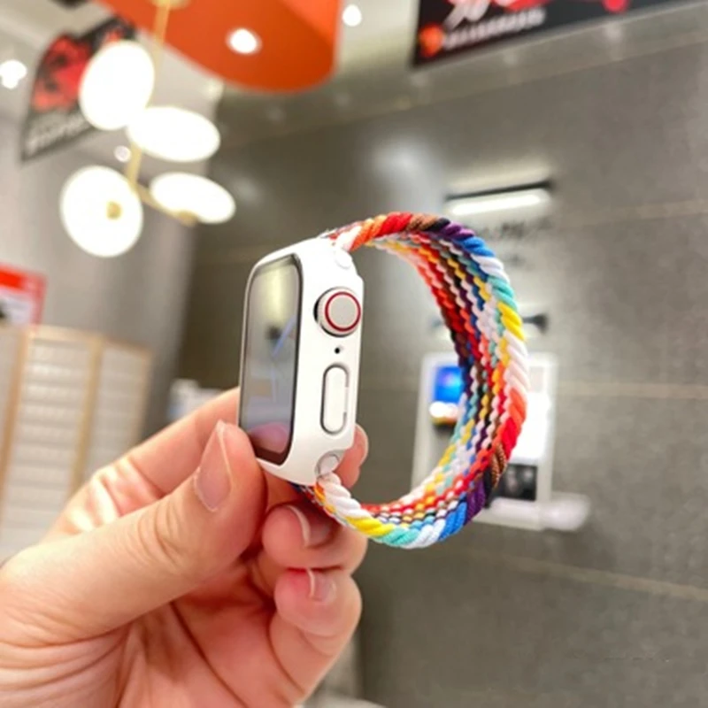 

Плетеный чехол Solo Loop + PC для Apple Watch Band 44 мм 40 мм 38 мм 42 мм, нейлоновая эластичная защита iWatch Series 6 5 4 3 2 1 SE, ремешок