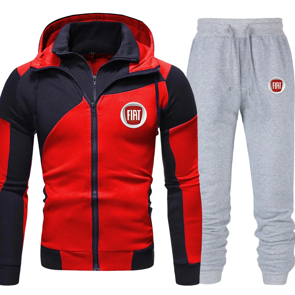 

Spring and Autumn Men's Fiat Car Logo Patchwork Jacket + Pants 2 Piec Sets Tracksuit Hooded Casual Fashion Long Sleeve Sportsuit