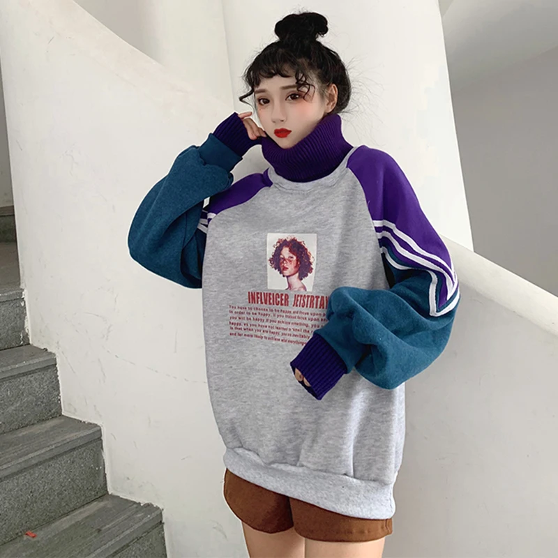 

Hoodies Women Turtleneck Harajuku Printed Loose Thicken Casual Pullovers Students Kroean Style Trendy Tops Female Sweatshirts