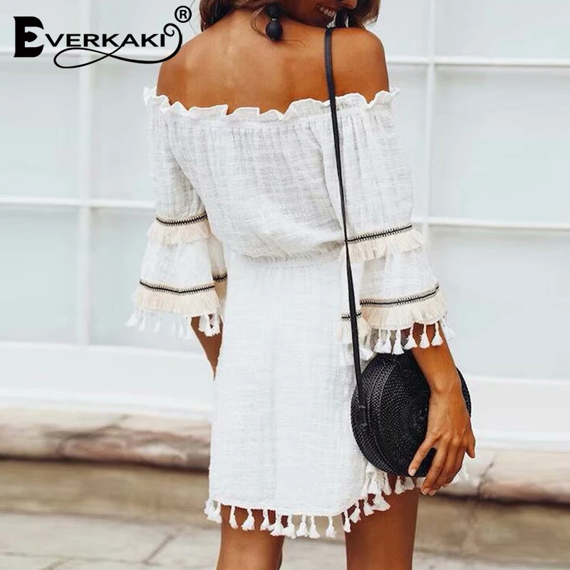 Everkaki Boho кисточки с открытыми плечами мини платье женские пояса винтажные