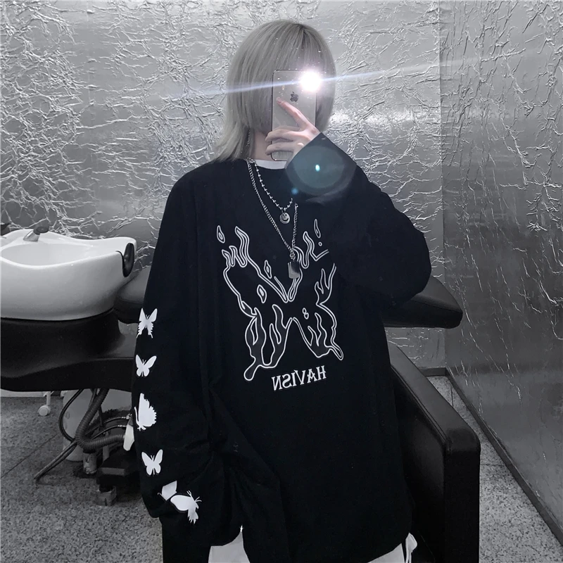 

Streetwear oversize Hip hop dark Long sleeve women clothing Harajuku butterfly femme tshirts kpop aesthetic tops tee shirts топ