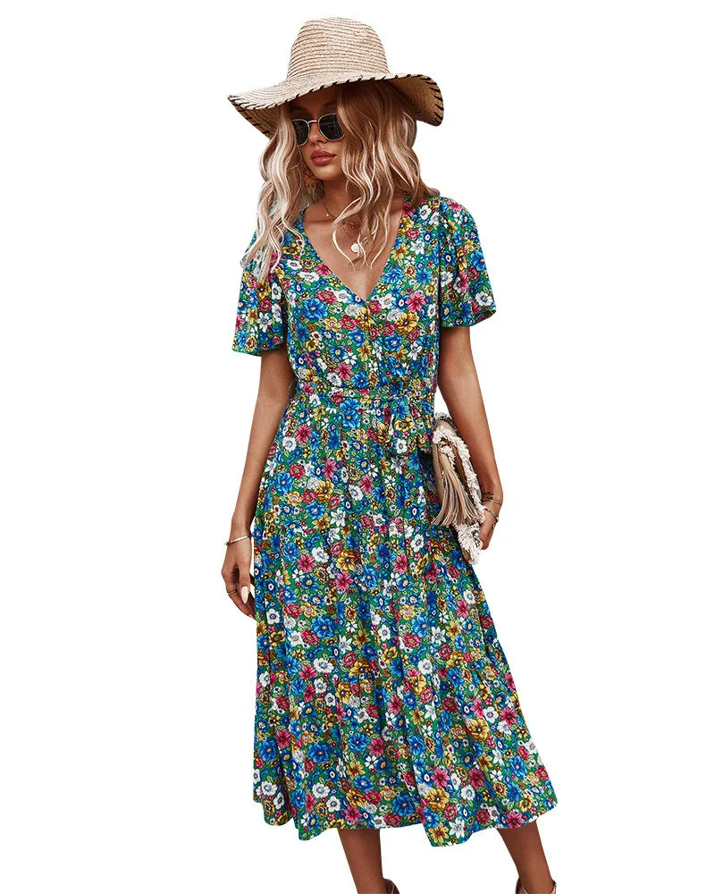 

Summer 2021 fashion women V-neck Short sleeve cotton print dress High waist Elegant office lady dress ladies Floral print dress