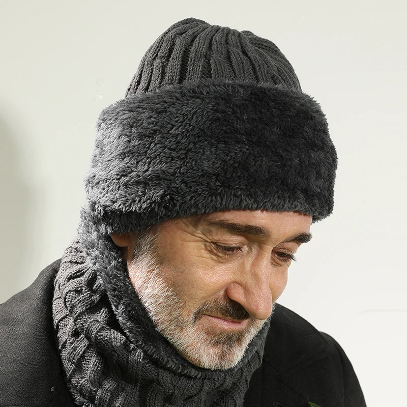 Thick Plus Fleece Winter Hat for Elderly Men - Wool Knitted Hat with Scarf image 2