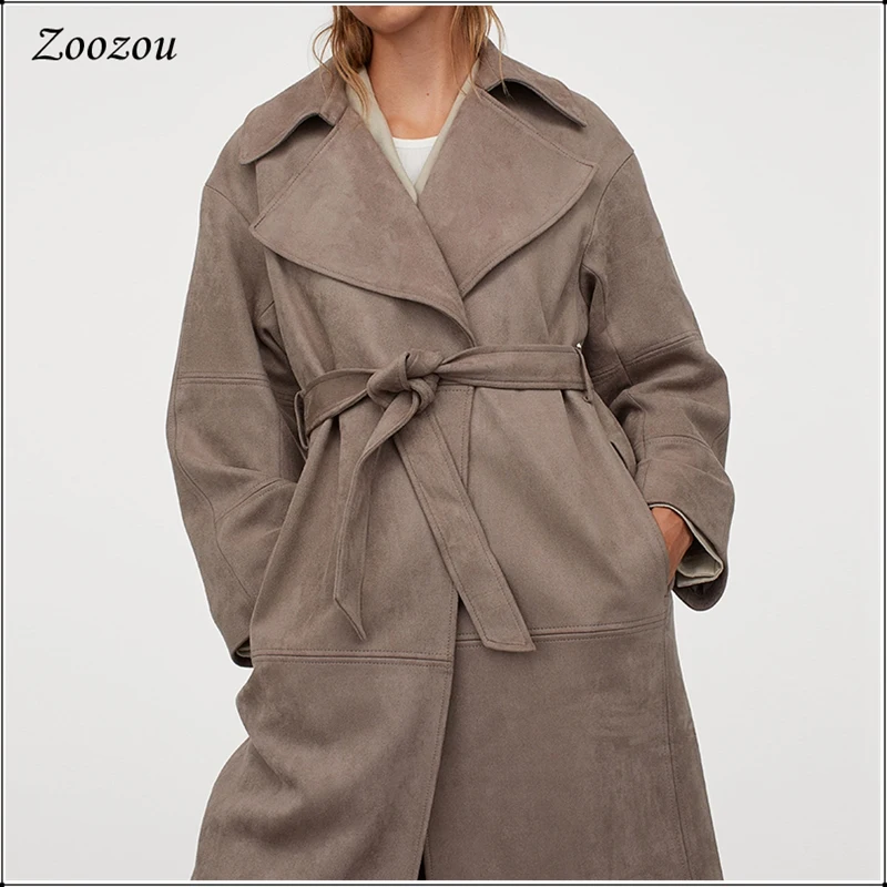 

Winter Warm X-Long Suede Leather Coats Trench Women's Clothing Casual Belt Open Stitch Long Jackets Outwear Loose Female Coats