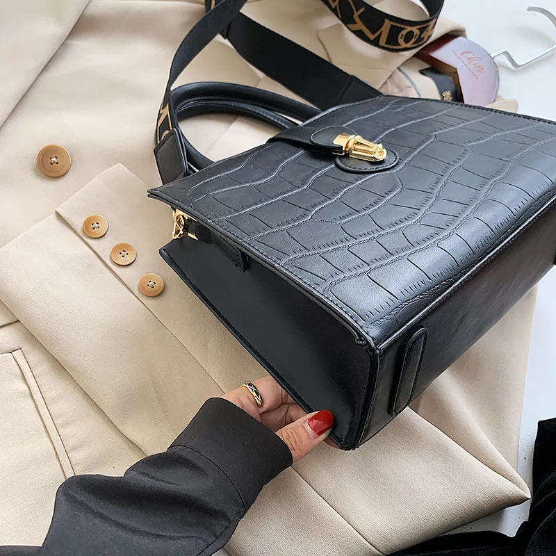 

Fashion Hand Bag Luxury Design Women Handbag 2020 Solid Color Pu Leather Lock Shoulder Bags Female Crossbody Bag With Wide Strap