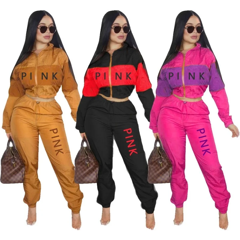 

Pink Printed Color Patchwork Sport Tracksuit Women Casual Zipper Coat Drawstring Cargo Pants 2 Piece Suits Outfit Female Set