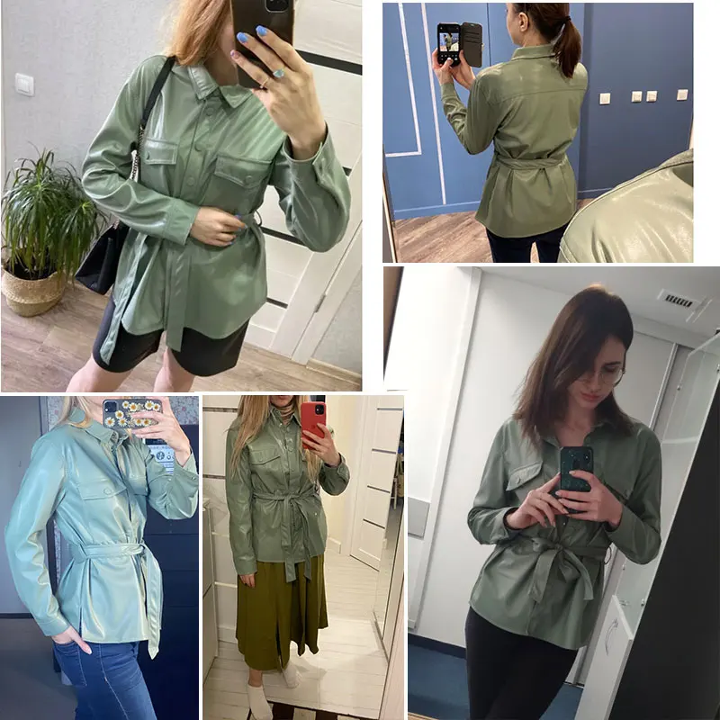 Мотоциклетная Женская кожаная куртка Lusumily рубашка индивидуальная зеленая