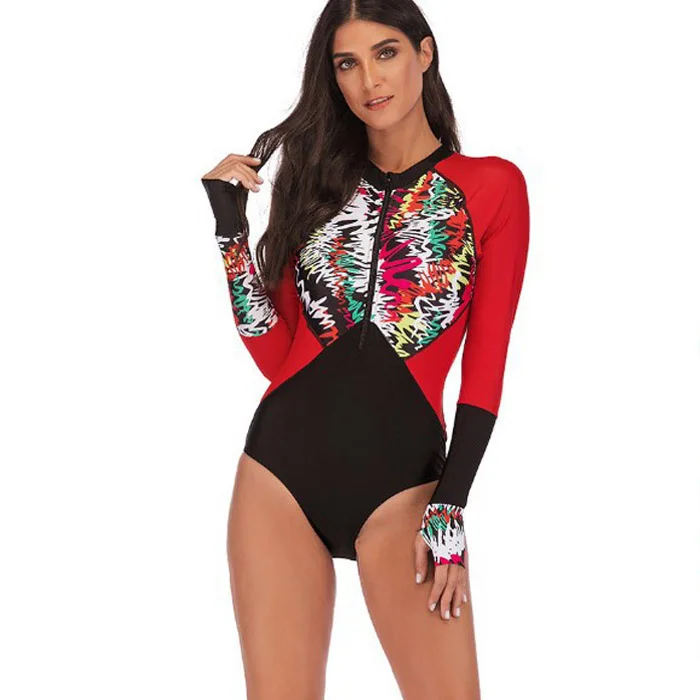 Плюс размер 5XL молния Rashguard женский цельный купальный костюм пуш-ап одежда для плавания с длинными рукавами купальный костюм для серфинга купальный костюм с бикини - Цвет: Красный