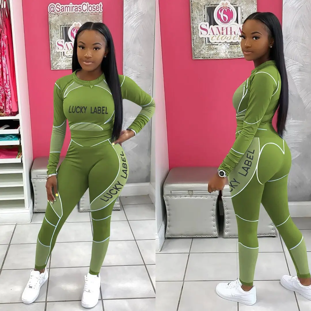 

Lucky Label Print Women's Set Long Sleeve Tee Tops Legging Pants Set Ribbed Tracksuit Two Piece Outfit Active Sweatsuit