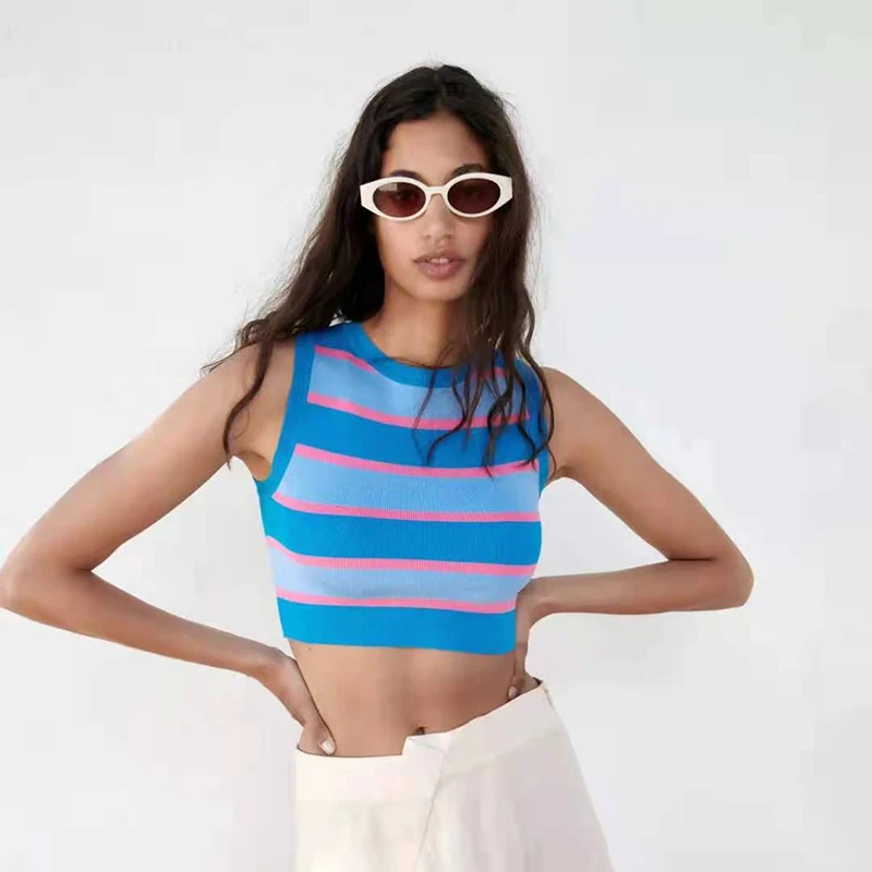 

Uniera 2021 Za women's autumn round neck sleeveless knit stripe short