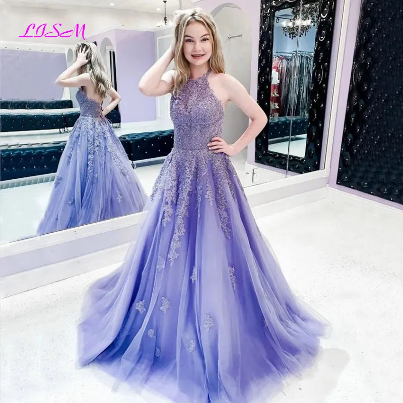 

Lavender Purple Prom Dresses Long Lace Appliqued Beaded Party Dress Vestidos De Fiesta Largos Sexy Backless Evening Formal Gowns