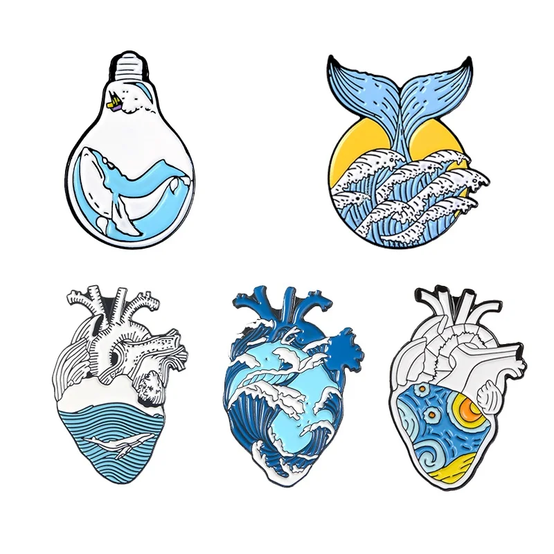 

Freedom Heart Enamel Pin Custom Organ Heart Brooches Bag Clothes Lapel Pin Ocean Wave Badge Whale Jewelry Gift for Kids Friend