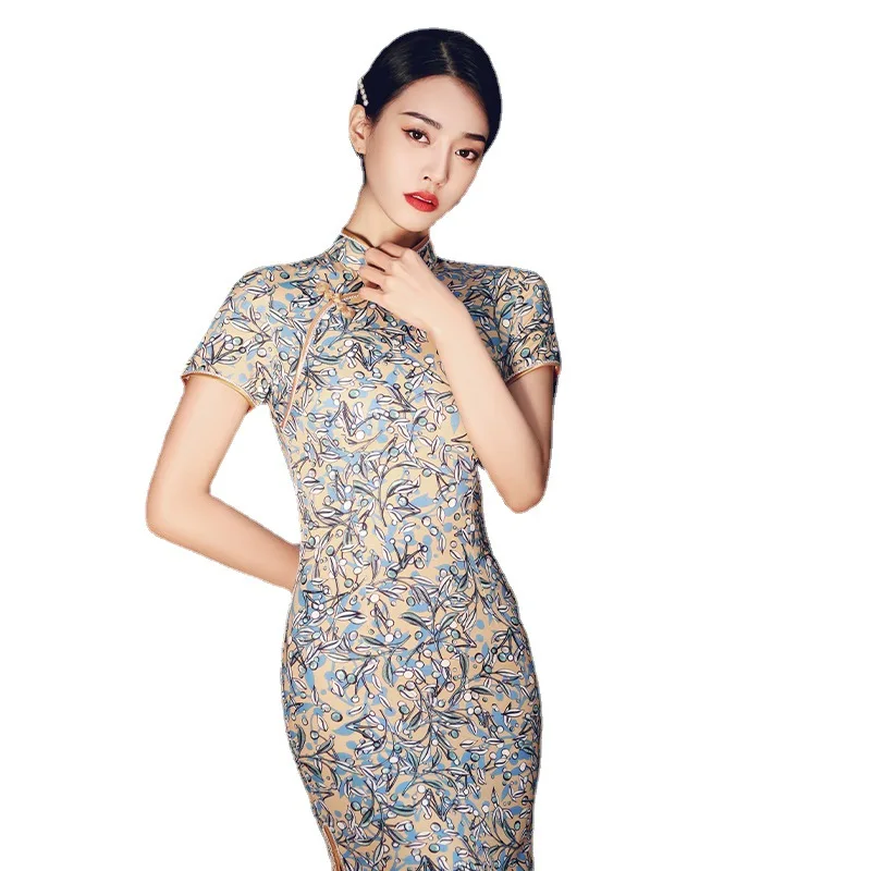 

Chinese Women Dress Cheongsam Qipao Vintage Dress 2021 Summer Split Long Dresses for Women Slim Floral Print Sexy Dress Bodycon