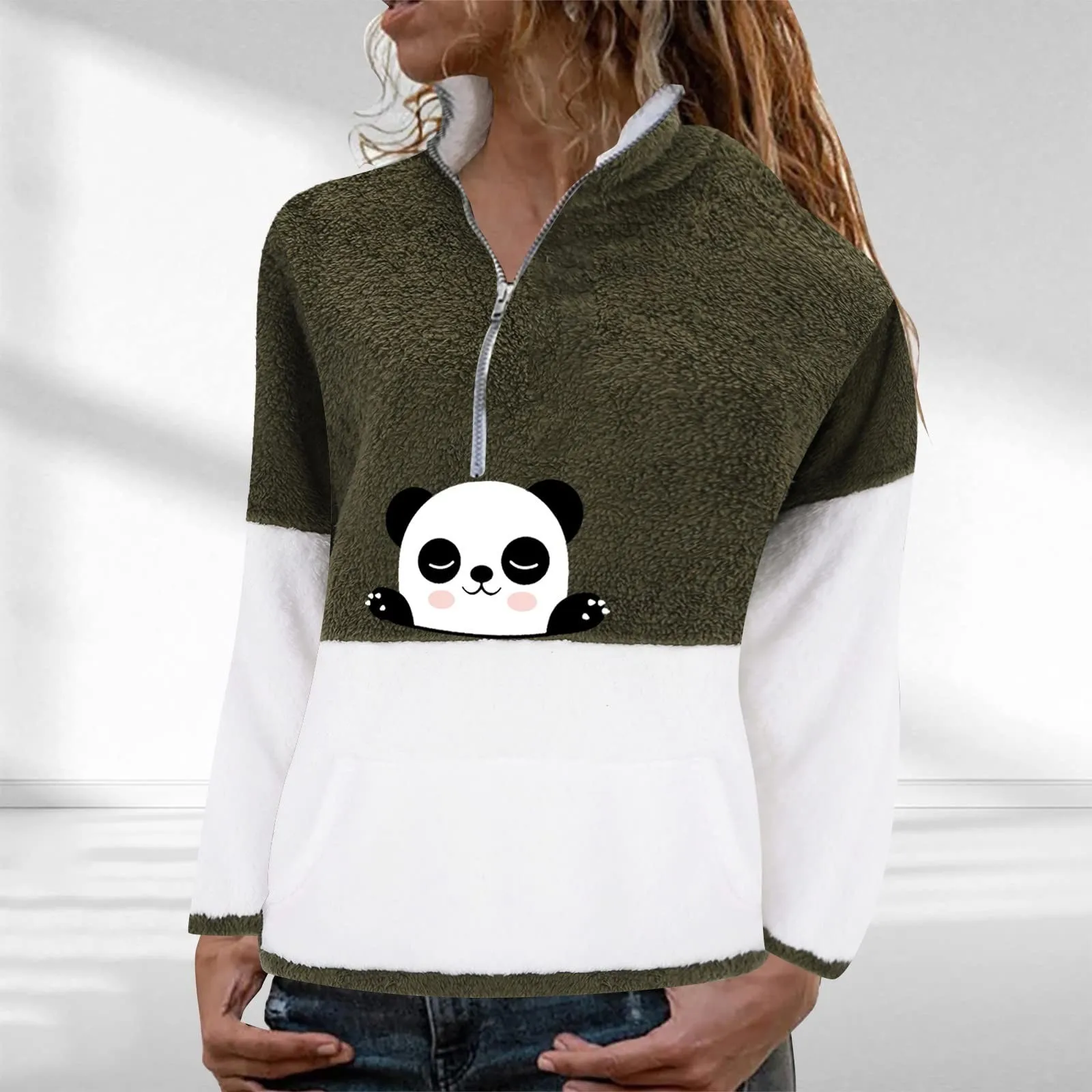 

2021 Hot Cute Cartoon Panda Printed Sweatshirts For Women Stand Collar Zipper Long Sleeve Sweatshirts Pullovers pull femme