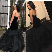 2021 sexy elegant black velvet prom dresses sweetheart cascading organza floor length formal evening gowns long robe de soiree