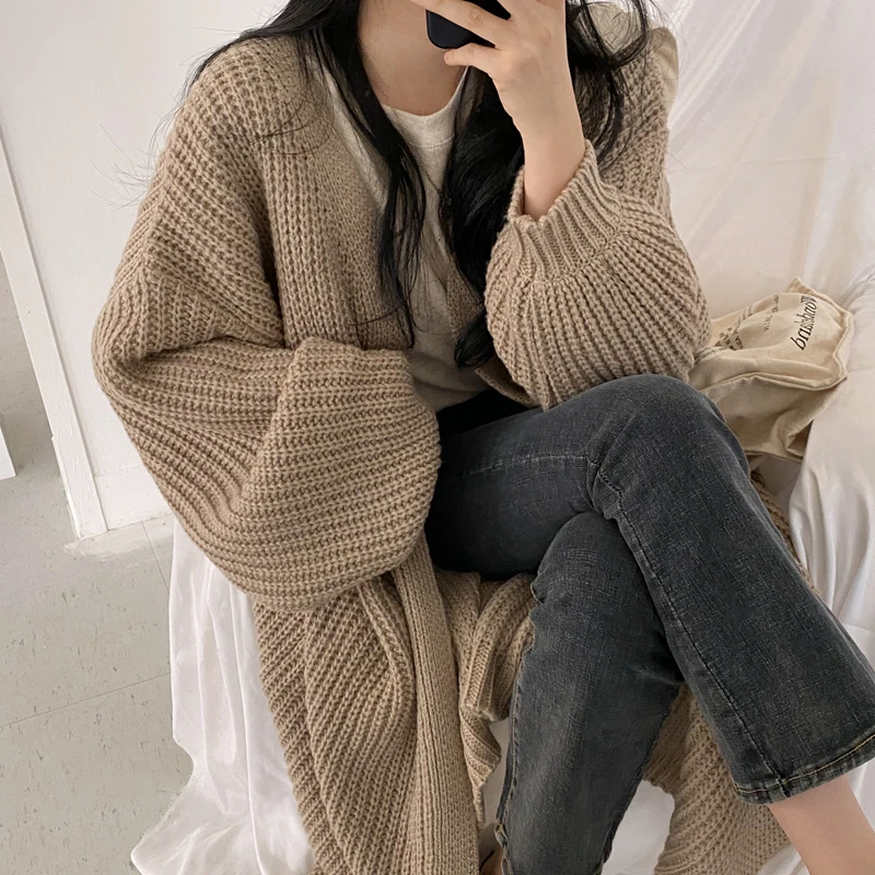

Thick Autumn Winter Long Cardigan Knit Women 2021 Korean Vintage Lantern Sleeve Sweater Cardigan Coat Gardigan pull femme