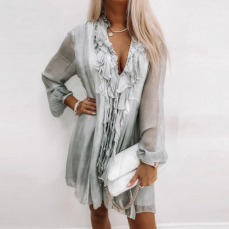 

Spring Summer Women Elegant Long Sleeve Loose Chiffon Dress Fashion Casual V Neck Ruffle Beach Dress Ladies Mesh Party Dress