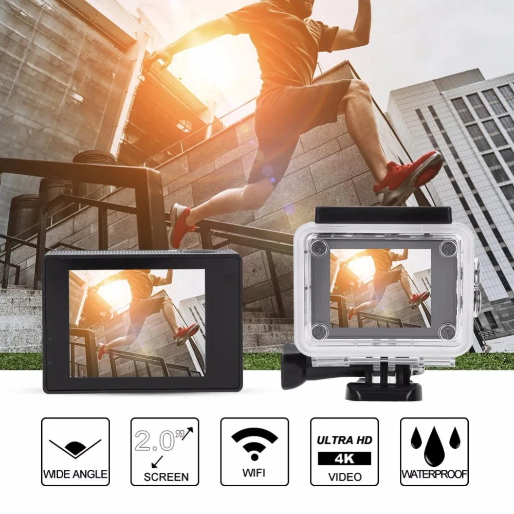 4K HD, 2 дюйма, ЖК-дисплей двойной Экран Спортивная Экшн-камера Камера 30FPS HD 170 ° Широкий формат возможностью погружения на глубину до 30 м Водонепроницаемый Wi-Fi экшн-Камера набор