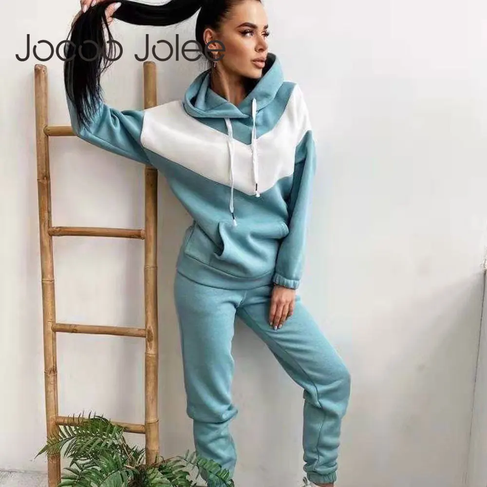 

Jocoo Jolee Women 2 Piece Set Casual Warm Fleece Stitching Hoodies Suits Casual Thicken Trousers Tracksuit Sports Pants Outfits