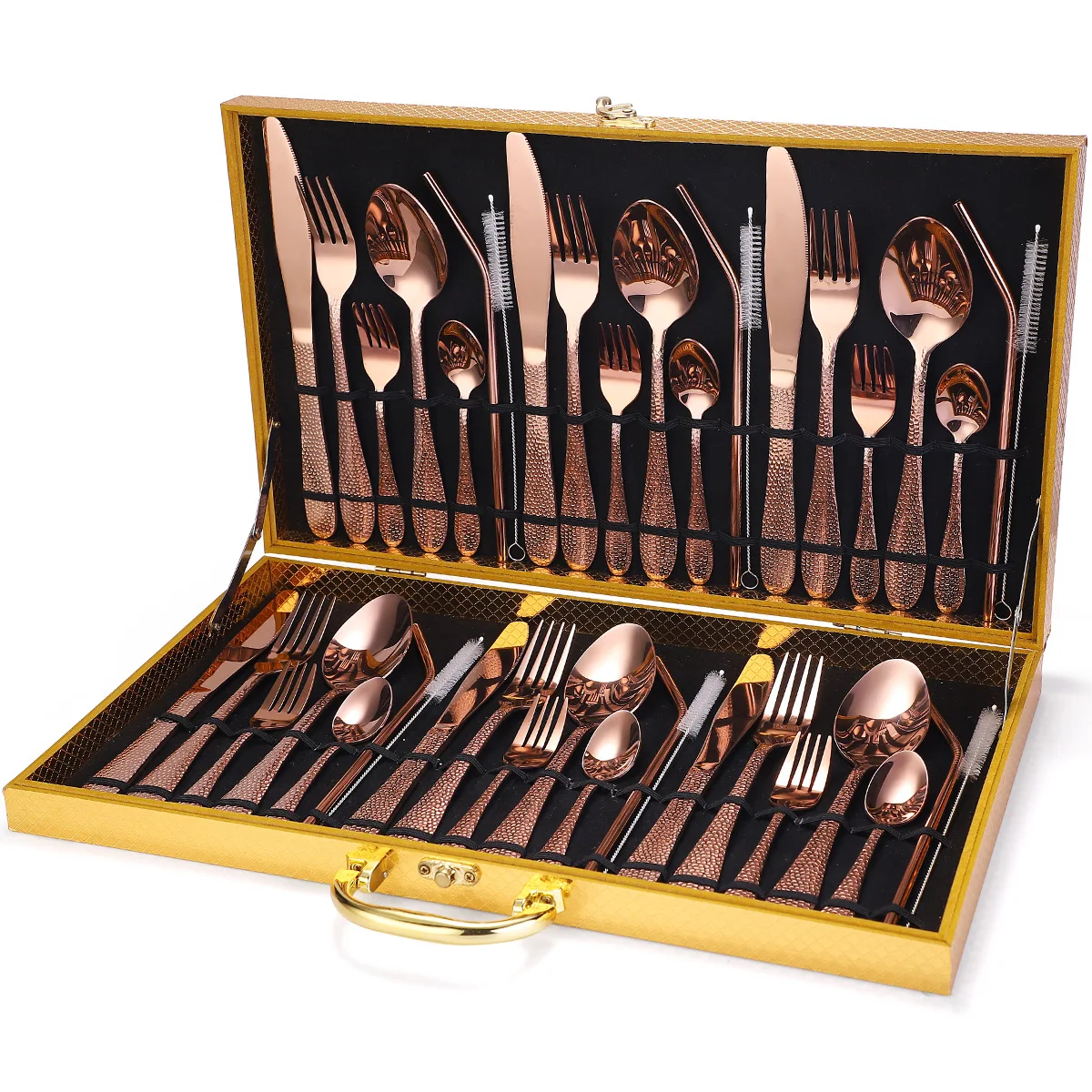 Luxury Golden 42-piece Cutlery Set Stainless Steel Fork Spoon Knife Straw Eco Friendly Cutlery Kitchen Accessories Wood Gift Box