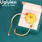 Uglyless Роскошный натуральный куриный масла Янтарь из воска Браслеты для женские большие размеры мира кнопки драгоценный камень Браслеты 925 Серебро Драгоценные Камни