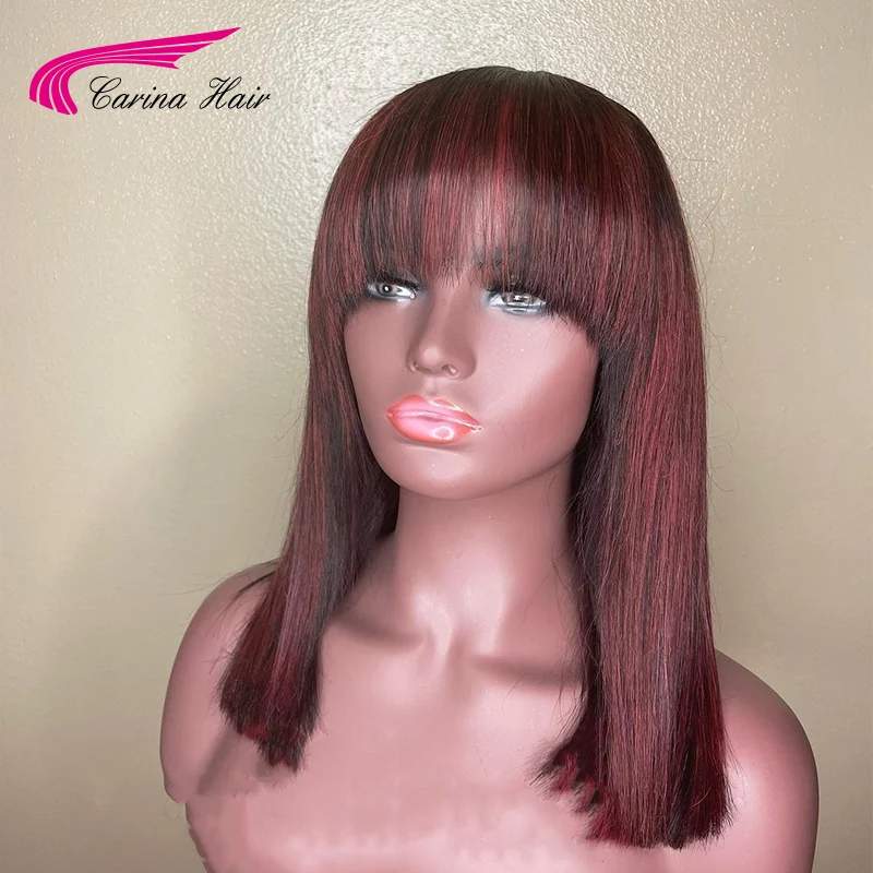 Хайлайтер красный короткий боб парик с челкой полностью машинное изготовление