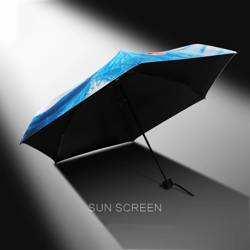 Anti-UV Mini Umbrella Oil Painting Paraguas Compact Sun Rain Women Parasol Bird Portable Folding Blue Travel Umbrellas | Дом и сад