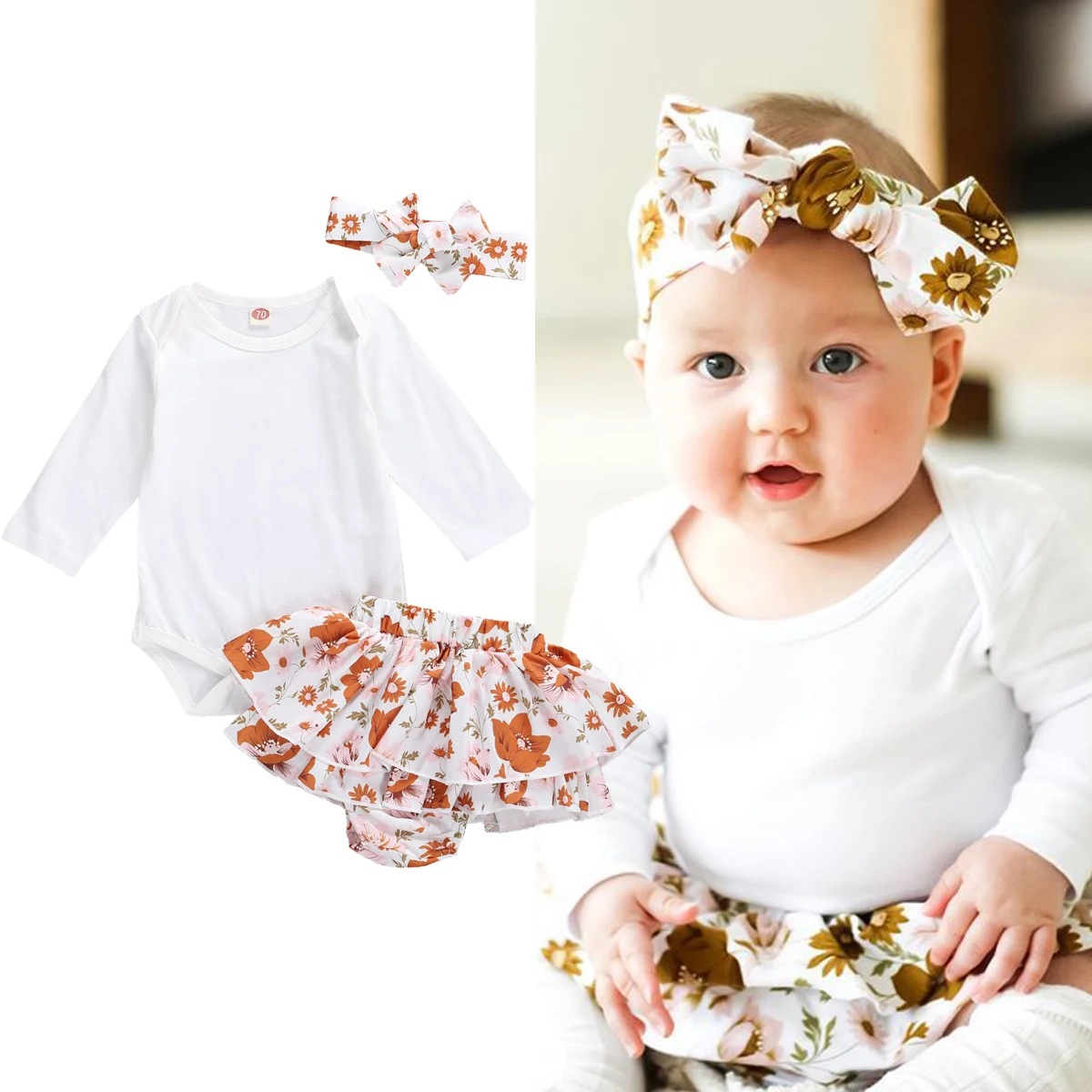 

2020 Fall 3Pcs Baby Girls Outfits Long Sleeve Round Color Solid Color Romper + Floral Bloomers + Headband 0-18M Clothing Set
