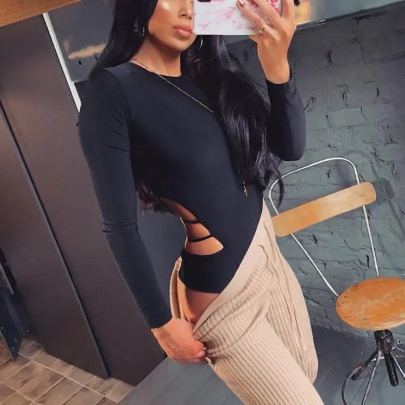 Топы с круглым вырезом и длинными рукавами для женщин мода 2019 тонкие открытой