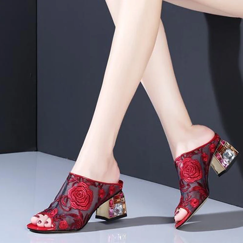 

Women Sandals Summer Shoes High Heels PU Female Fashion Slippers Floral New Woman Pumps Female Peep Toe Footwear 2021