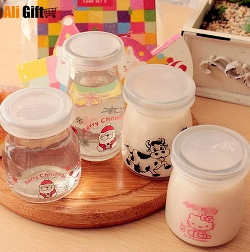 Cartoon Glasses Pudding Clear Wishing Bottle Milk Bottles Cup Christmas Cat Cow Pattern Yogurt Party Supplies Decor Candy Jar