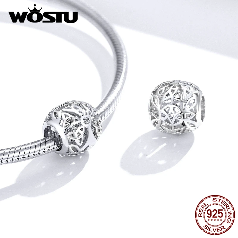 WOSTU, 925 пробы, серебро, жизнь дерева, бусины, ажурные, круглые, CZ, шарм, подходят, браслет, подвеска, Мода 925, ювелирные изделия CTC139