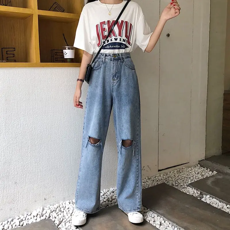 Vintage Ripped Straight Jeans for Women  Hole Jean Female Denim Pencil Pants Streetwear Boyfriend Loose Wide-leg Jeans Pants