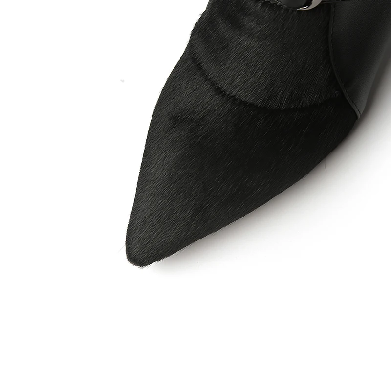 

Party pointed toe natural leather horsehair ankle boots buckle strap zipper black pink medium heel riding boots women's shoes