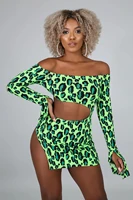 skmy green dress leopard print off the shoulder sexy nightclub split slim long sleeve bodycon dress fall clothes for women