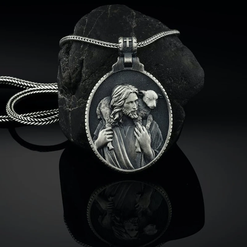 

Men's Pendant Jewelry Cross Necklace Christian Jesus Shepherd Dog Catholic Necklace Religious Style Sweater Chain