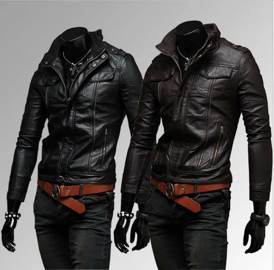 

4New Arrive Spring 2021 Men's PU leather epaulette zipper pocket more men standing collar motorcycle cowskin leather jacket
