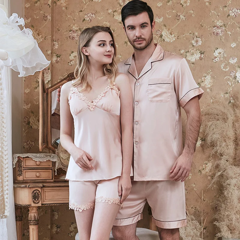 

2021 Spring Summer Newest Simulation Silk Couple Pajamas V-neck Sling Tops with Shorts Suits Set Modern Leisure Home Clothing