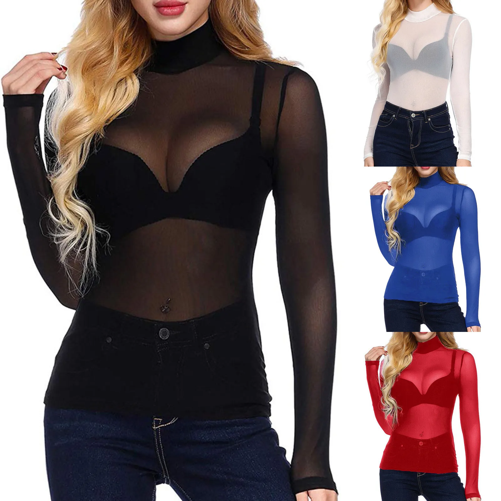 

Women's Long-sleeved Shirt Sexy High-neck Slim Top Transparent Mesh Casual Solid Color Shirt Bottoming Long-sleeved Top