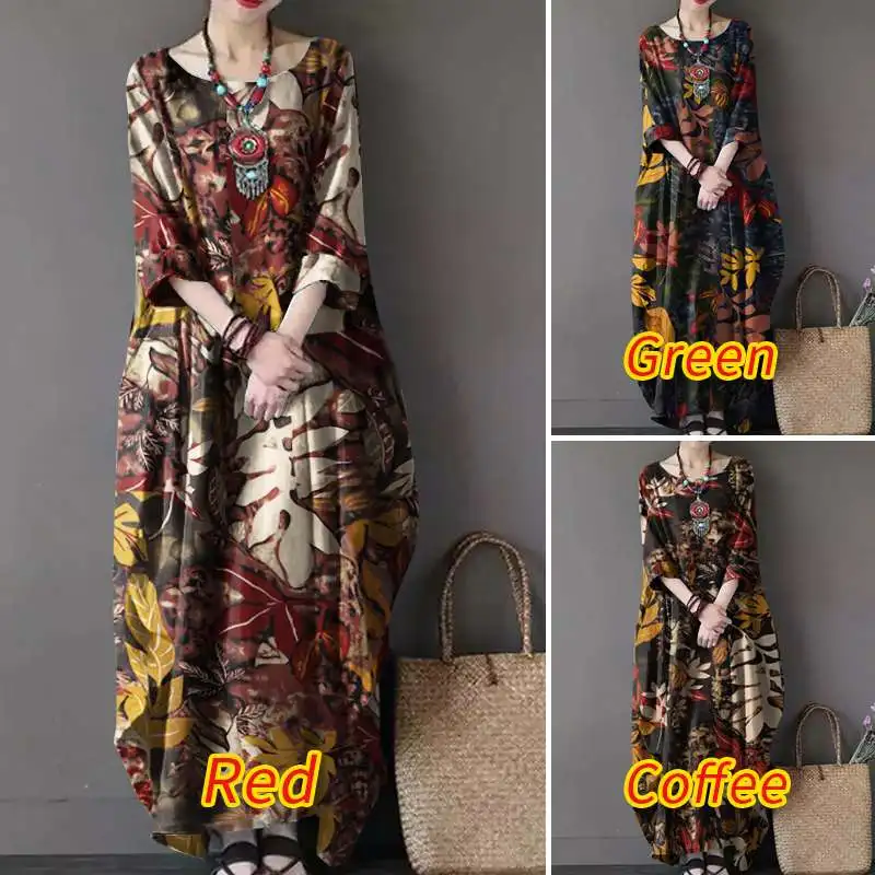 ZANZEA Women Vintage Floral Printed Dress Autumn 3/4 Sleeve Cotton Linen Sundress Kaftan Femme Loose Baggy Maxi Long Vestidos | Женская