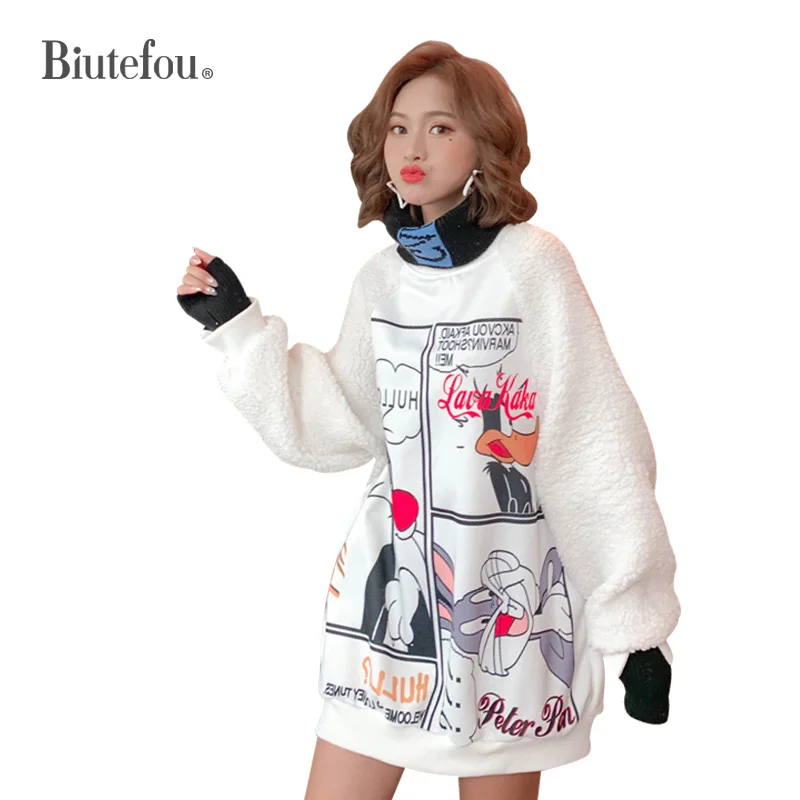 2019 зимние модные толстовки с мультяшным принтом бархатные женские высоким