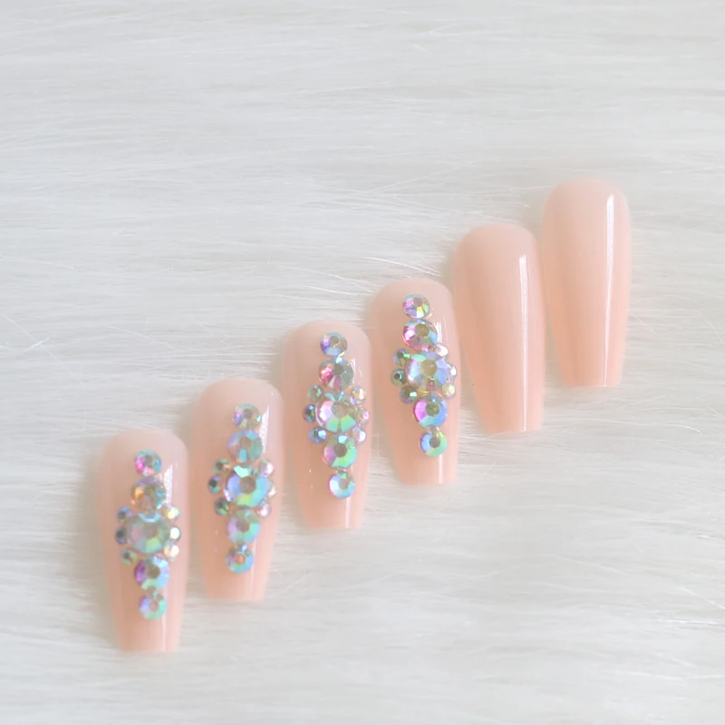 24 шт. новейшие Яркие длинные накладные ногти ручной работы с кристаллами и