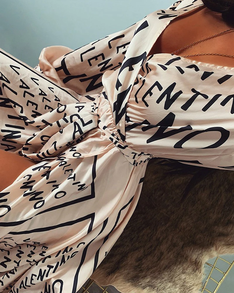 Women Hot Letter Print Boho V-neck Long Dress Spring Summer Autumn Slit Maxi Beach Robe Femme Casual Loose Dresses | Женская одежда