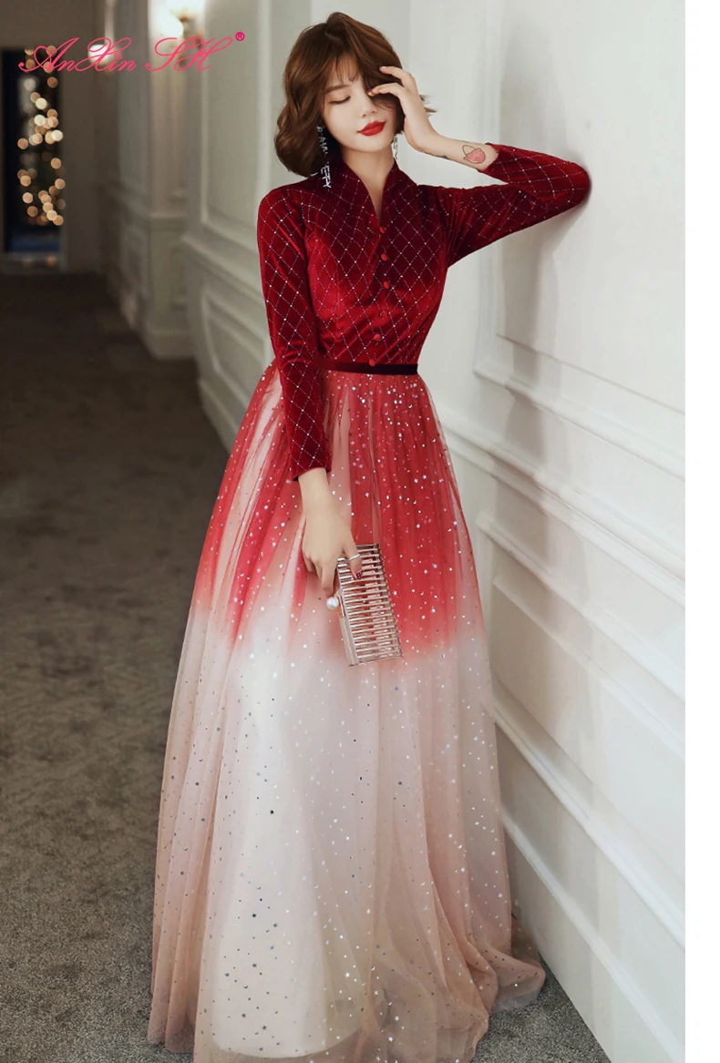 

Женское бархатное вечернее платье AnXin SH, винтавечерние длинное блестящее платье с v-образным вырезом и длинным рукавом, цвета красного вина