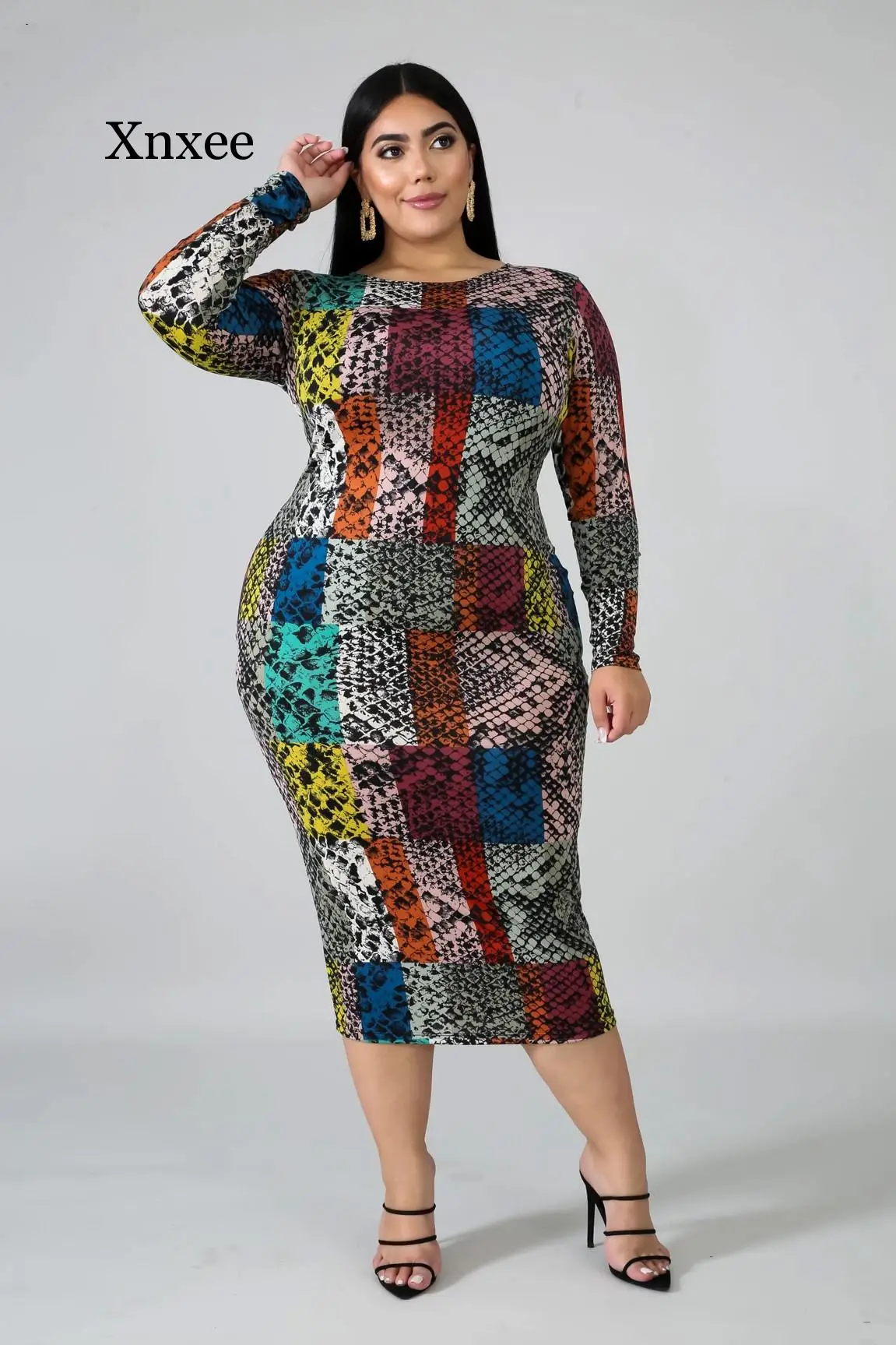 

plus XL-5XL Women Winter Fall Midi Dress Full Sleeve Print Dress Sexy Club Night Party Street Bandage Bodycon Dresses