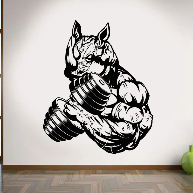 

Fashion popular vinyl wall sticker rhino bodybuilding muscle decals gym decoration sport sticker murals handsome home decor js19