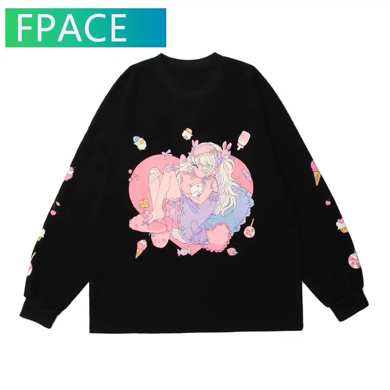 

FPACE Tees Shirts Harajuku Japanese Style Cartoon Anime Girl Print Long Sleeve Tshirts Streetwear Hip Hop Fashion Casual Tops