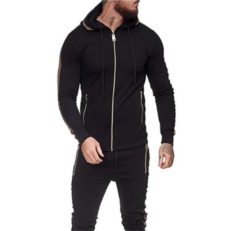 

2 Pieces Sets Tracksuit Men New Brand Spring Autumn Hooded Sweatshirt +Drawstring Pants Male Stripe Patchwork Hoodies Suits