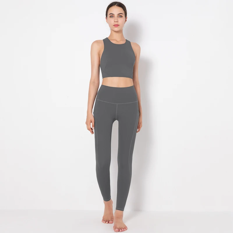 

Nessaj Women Sexy Yoga Sets Women Gym Clothes Sleeveless Bras and Leggings with Pockets Sets Breathable Fitness Sports Set