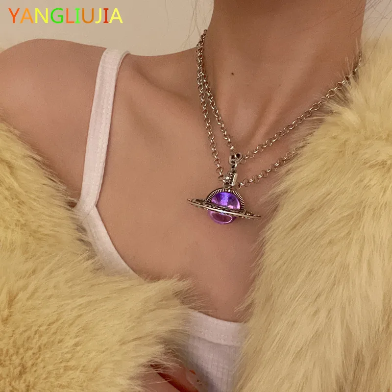 

Purple Black Saturn Crystal Pendant Necklace Hip-hop Punk Retro Fashion Chain Of Clavicle Sweater Chain Ms Girl Travel Jewelry